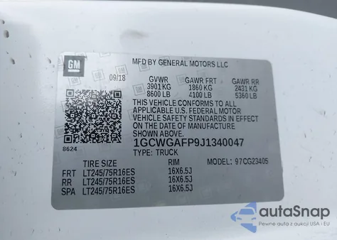 2018 Chevrolet Express 2500 Work Van из США, поврежденный, VIN 1GCWGAFP9J1340047